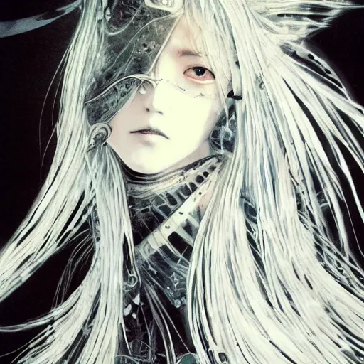 Image similar to Yoshitaka Amano blurred and dreamy illustration of an anime girl with pirate eye patch, wavy white hair and cracks on her face wearing Elden ring armour with the cape fluttering in the wind, abstract black and white patterns on the background, noisy film grain effect, highly detailed, Renaissance oil painting, weird portrait angle