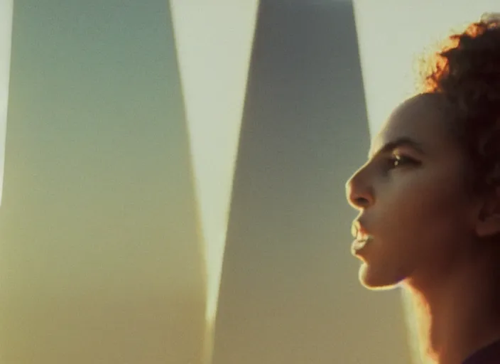 Prompt: photograph of young woman standing in front of radiating monolith in suburban living room, crisp focus, highly detailed, in roger deakins style, 3 5 mm ektachrome