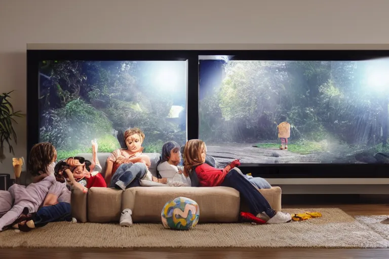 Prompt: A cozy TV room, with kids watching MTV while outside is raining, Ultra realistic, global illumination, 1984, wide angle lens, 4k