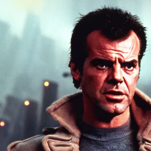 Image similar to 30 year old Jack Nicholson as Rick Deckard on blade runner 1982, movie still, in color, movie frame, detailed face, symmetrical face, 4k