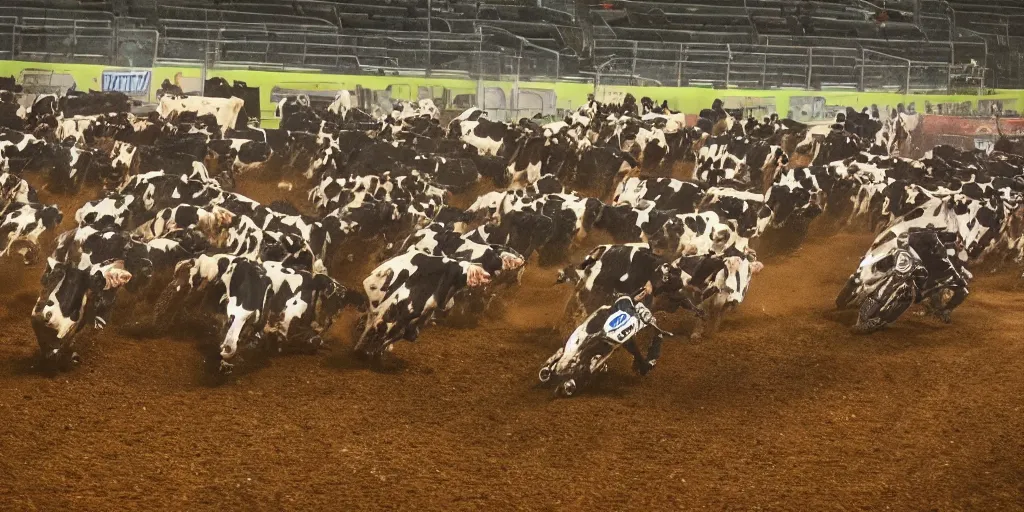 Prompt: a herd of cows on an arenacross track