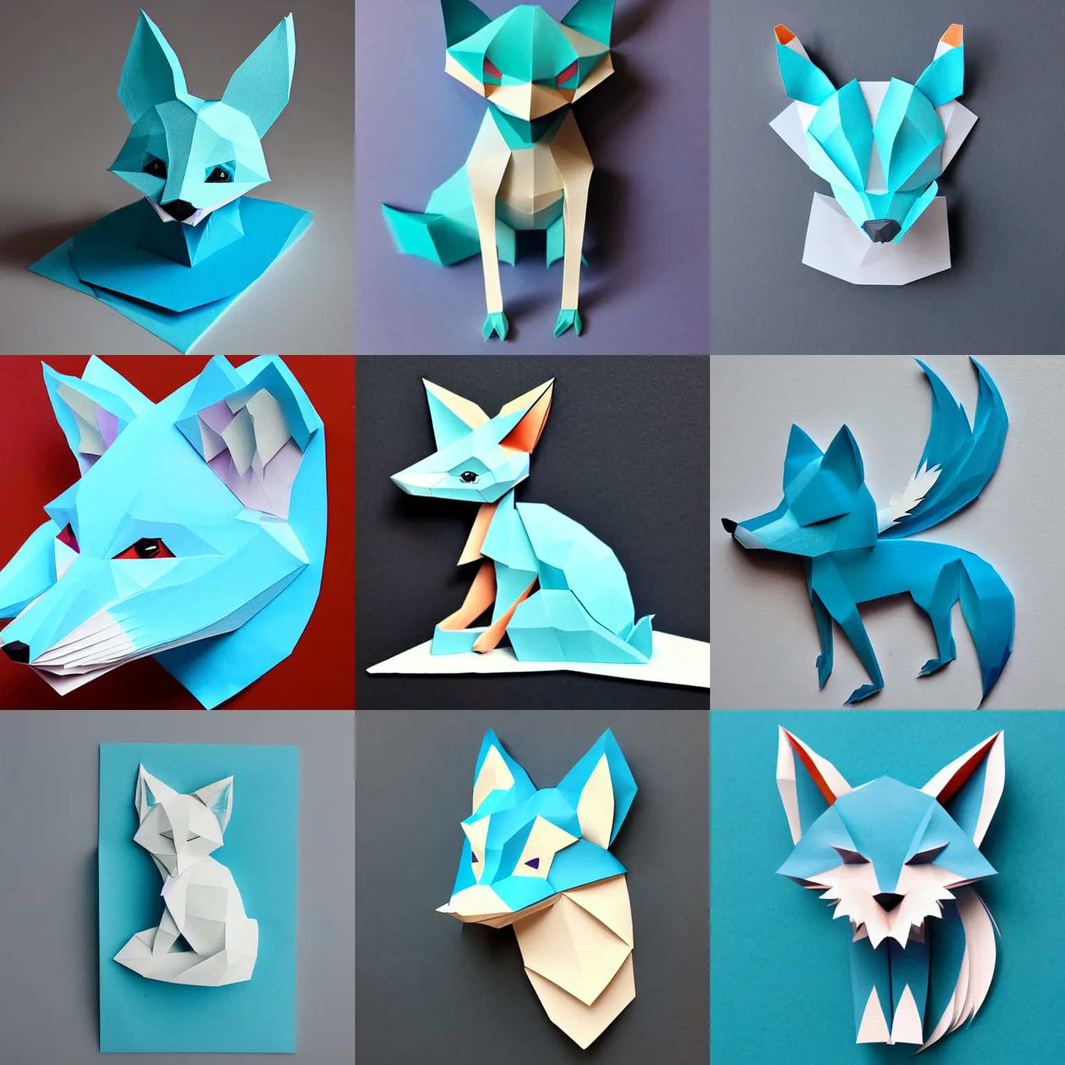 Prompt: a cyan fox made of 3d layering paper art