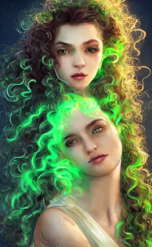 Image similar to a young woman with wild, curly hair and bright green eyes. she's wearing a flowing dress made of light, airy fabric and she has a mischievous look on her face, dynamic lighting, photorealistic fantasy concept art, trending on art station, stunning visuals, creative, cinematic, ultra detailed