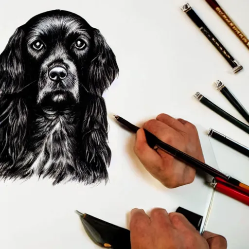 Prompt: a black cocker spaniel working on an interior design drawing project