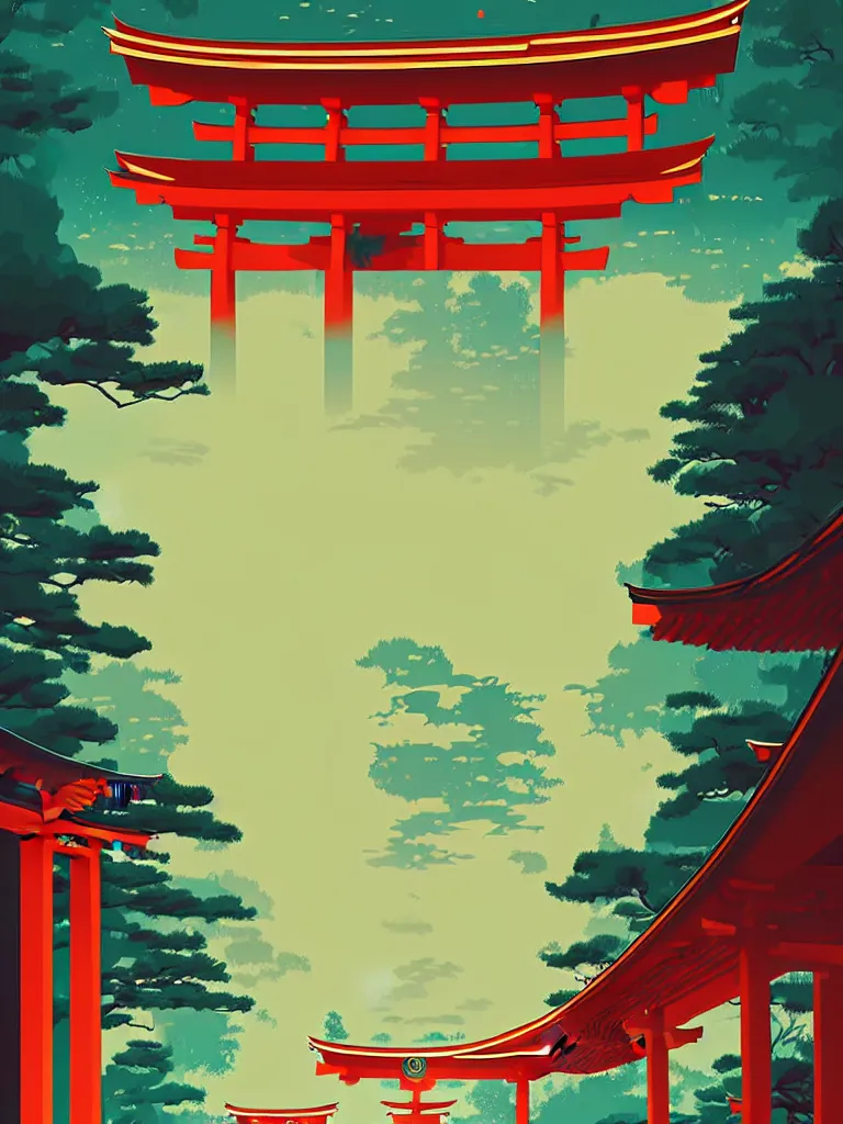 Image similar to a travel poster illustration depicting a japanese torii gate, vintage style, detailed illustration, digital painting, vector art, trending on artstration, by anton fadeev, by alena aenami