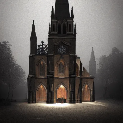 Image similar to victorian church in the middle of the city, dark, misty, at night, 8 k, detailed, concept art, trending on artstation