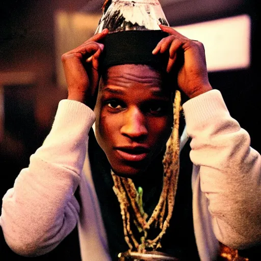 Image similar to asap rocky as a depressed junkie crackhead with a bucket of fish on his head