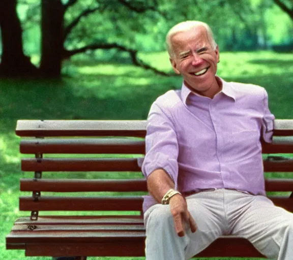 Image similar to color film still of joe biden sitting on a bench in the film forrest gump 1 9 9 4, grinning, close up, detailed