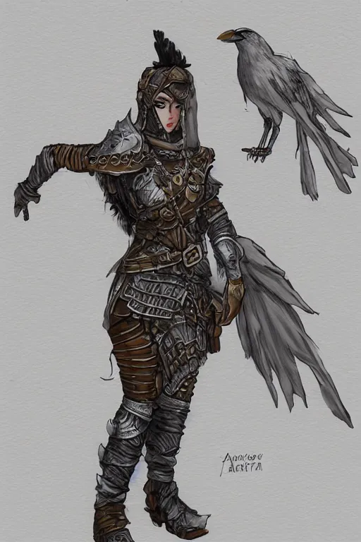 Image similar to female adventurer in tight full - body sticky note stack paper chainmail - style armor and a white porcelain crow mask, trending in artstation, japanese, artstation, establishing shot