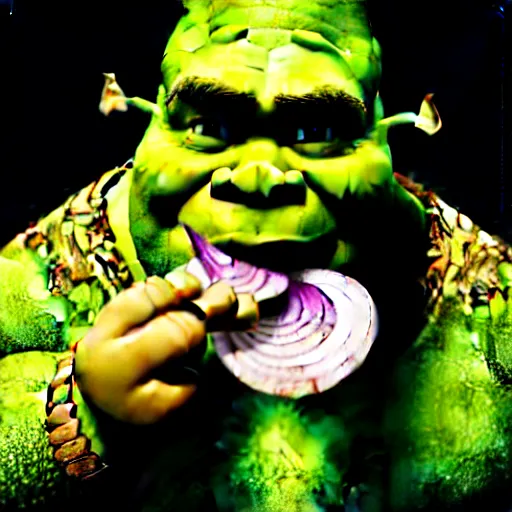 Image similar to a stock photo of shrek eating an onion, 8 k, ultra - realistic, white background, face cluse - up, studio lighting