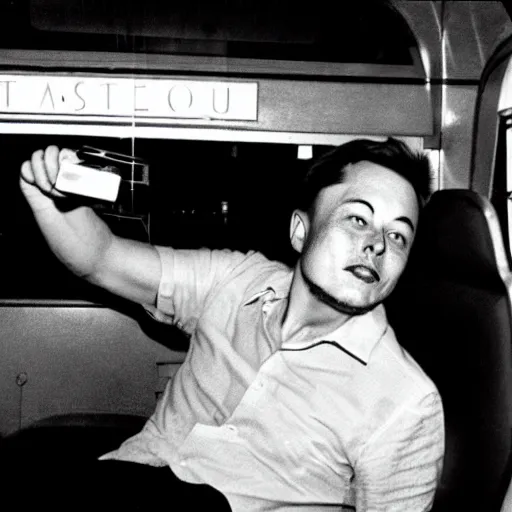 Image similar to retro photo of drunked elon musk driving bus, by hunter thompson