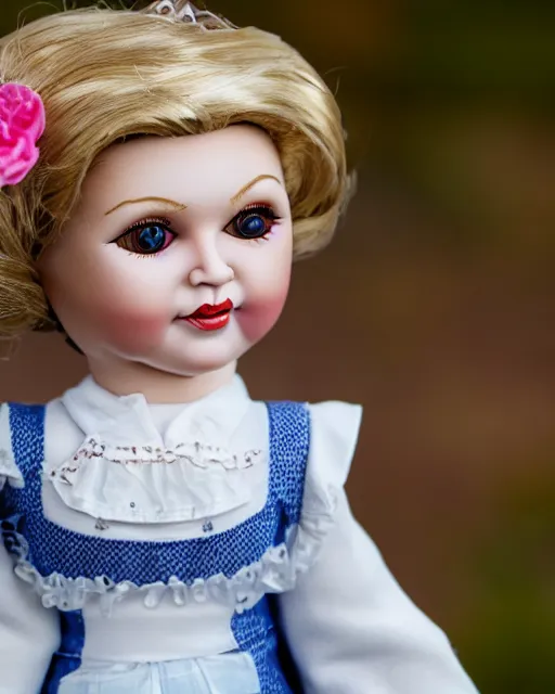 Image similar to high quality presentation photo of a cute Hilary clinton porcelain doll in the style of mark ryden photography 4k, f1.8 anamorphic, bokeh, 4k, Canon, Nikon