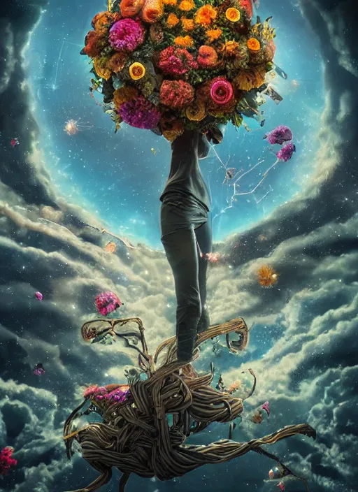 Image similar to An epic fantastic realism comic book style painting of the most beautiful spiraling entwined flowers launched exquisitely across the dark spinning universe, floating bouquets, exploding sun, fisheye lens, unreal 5, DAZ, hyperrealistic, octane render, dynamic lighting