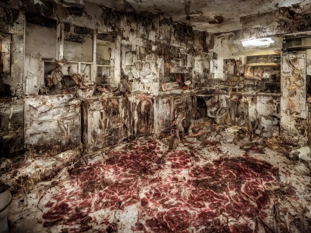 Image similar to a house made of disgusting dirty filth grime meat at night realistic hyperdetailed photography