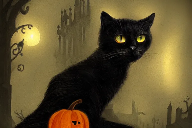 Image similar to black cat in graveyard at midnight halloween tattoo on shoulder by anton pieck, intricate, extremely detailed, digital painting, artstation concept art