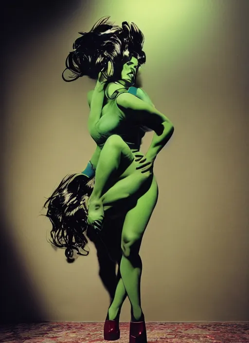 Image similar to a color photo portrait of she hulk in la wearing high fashion, modern, by tim walker, dramatic lighting, 7 5 mm lens, sharp focus.