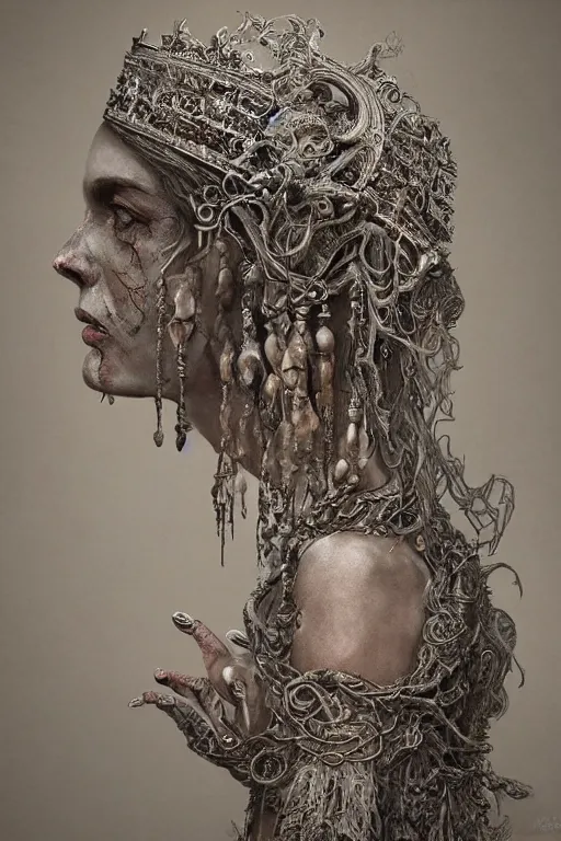 Prompt: a hiper intricate oil portrait of a ghost godess, ornate bone headpiece, excelent composition, wide shot, by zdzislaw beksinski, intricate, horror atmosphere, unreal engine 5 highly rendered, global illumination