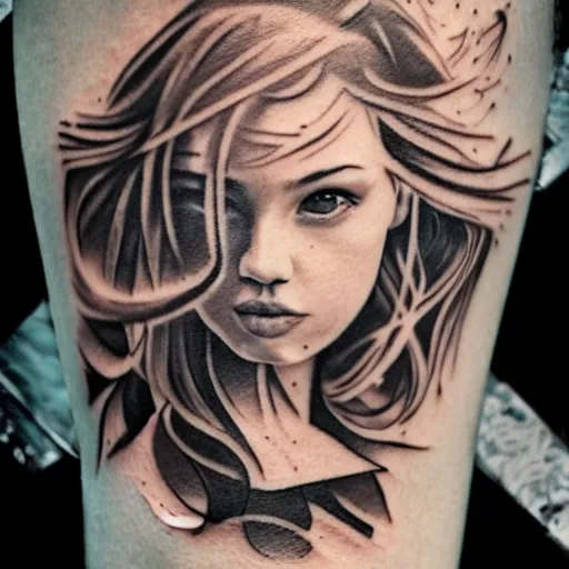 Image similar to girl with tattoo, realistic detailed shading, photo, robin elay