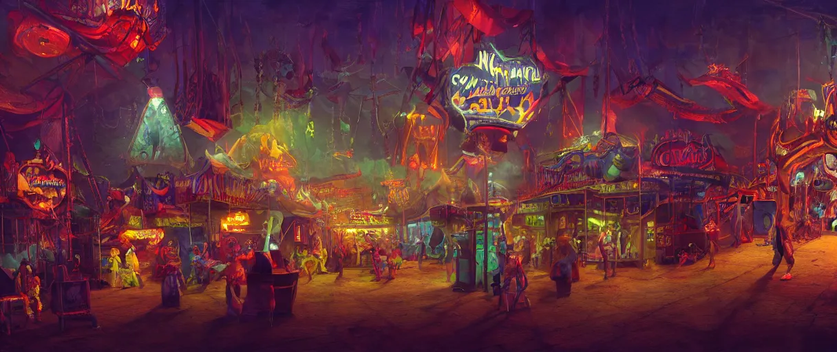 Prompt: a rendered painting of a run down horror carnival, lots of detail, volumetric lighting, concept art, digital painting, trending on artstation, vivid colours