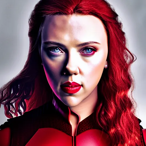 Prompt: scarlett johansson dressed as the scarlet witch, photographic portrait, studio lighting