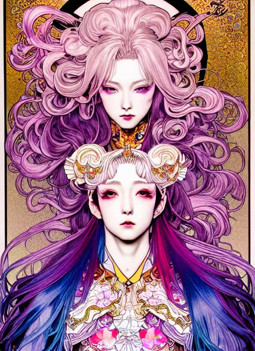 Image similar to highly detailed artgerm terada katsuya artstation ayami kojima manga poster of princess mechine, rainbow gradient reflection, long hair, armor, dress, laces, ruffles, 8 k, maximalist,, jump comics, tomer hanuka, alphonse mucha