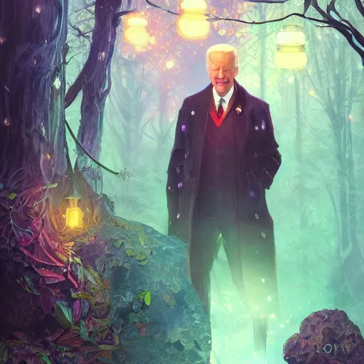 Image similar to ultra realistic illustration of magical joe biden!!!, forest, fantasy, colorful lights, intricate, elegant, highly detailed, digital painting, artstation, concept art, smooth, sharp focus, illustration, art by artgerm and greg rutkowski and alphonse mucha