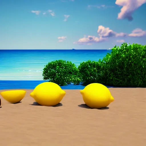 Prompt: 3 d lemon sunbathes on the beach, 3 d render