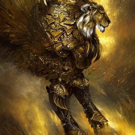 Prompt: knight in golden shiny armor with wings and a lion art by Daniel Dociu detailed