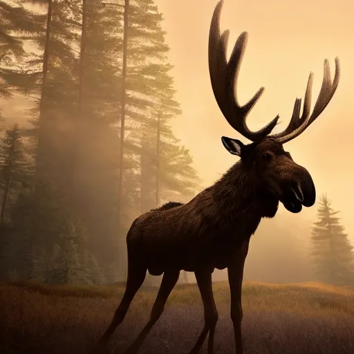 Image similar to the king of sweden riding a moose, hyperrealistic photograph, dim volumetric lighting, 8 k, octane beautifully detailed render, extremely hyper detailed, intricate, epic composition, cinematic lighting, masterpiece, trending on artstation, very very detailed, stunning, hdr, smooth, sharp focus, high resolution, award, winning photo, dslr, 5 0 mm