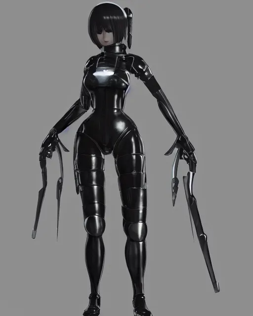 Prompt: CAD screenshot of a realistic android bodyguard modeled after 2B from Nier Automata and with slender body type and prominent ceramic hex tile armor plates, solidworks, catia, autodesk inventor, unreal engine, gynoid cad design with small perfect hands inspired by Masamune Shirow and Tsutomu Nihei and Ross Tran, product showcase, octane render 8k