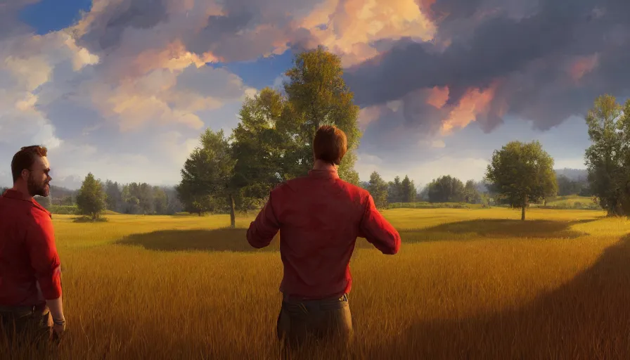 Image similar to back view of a man with red shirt and brown hair looking the sun in the field, wood on the left, houses on the right, hyperdetailed, artstation, cgsociety, 8 k