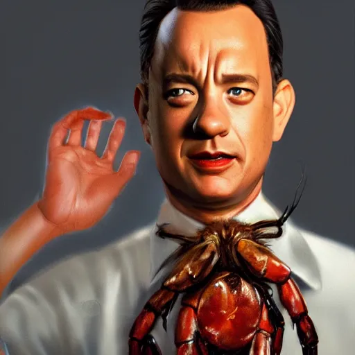 Image similar to tom hanks as forrest gump with a giant shrimp around the neck, photorealistic, cgsociety, artstation