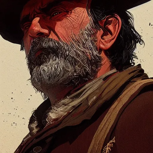 Image similar to large tan older - aged priest with dark hair in red dead redemption 2, gorgeous, beautiful, intricate, highly detailed, digital painting, artstation, oppressive lighting, concept art, sharp focus, illustration, art by greg rutkowski and alphonse mucha