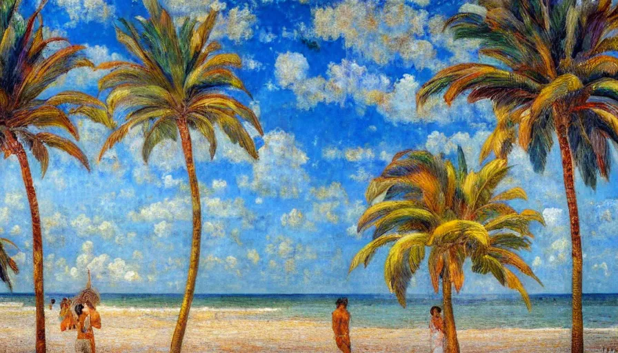 Prompt: a ultradetailed beautiful painting of the thunderstorm sky of the amazonas beach palace balustrade designed by jules bastien - lepage, tarsila do amaral, frank weston and gustave baumann, beach, trending on artstation, mediterranean, palm trees, sharp focus, colorful refracted sparkles and lines, soft light, 8 k 4 k