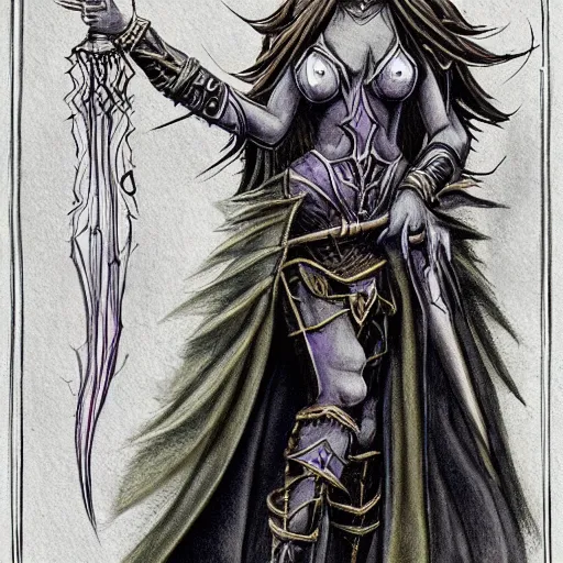 Image similar to dark elf sorceress who is summoning a demon in the style of warhammer fantasy : : head and shoulders drawing