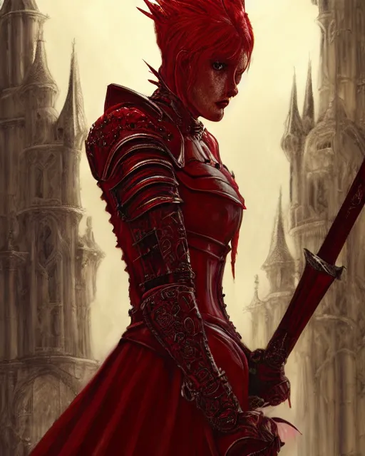 Image similar to redhead queen knight in red armor, inside an epic gothic castle, baroque, large crown, face with scars, intimidating, ominous, high fantasy, intricate detail, digital painting, artstation, concept art, smooth, sharp focus, illustration, art by yoshitaka amano and monia merlo and wlop