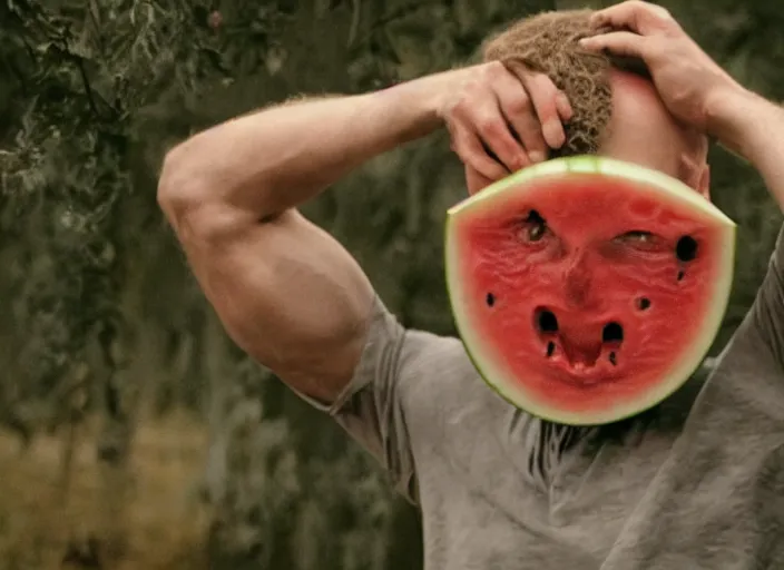 Image similar to film still of a man with a watermelon on his a head in the new horror movie, 4 k