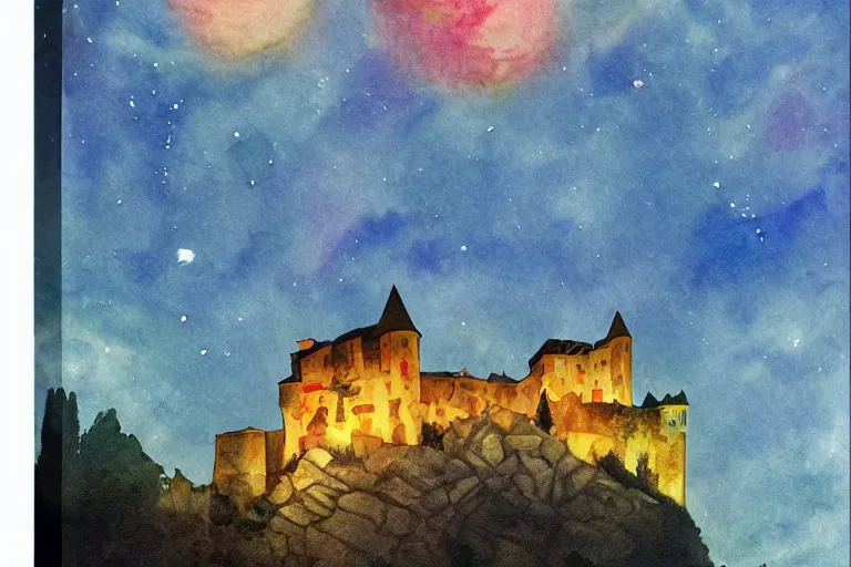 Prompt: The Castle of Dracula in Jupiter, beautiful, national geographic, very detailed, astrophotography, water color, canvas, Sandra Pelser, Jeff Lyons, Edward Hopper