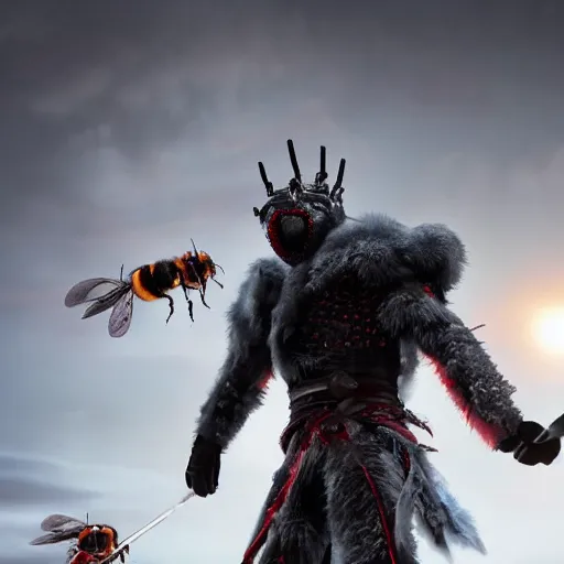 Image similar to justin sun as night king versus huge crimson - black warrior bee, 4 k, epic, cinematic, focus, movie still, fantasy, extreme detail, atmospheric, dark colour, sharp focus