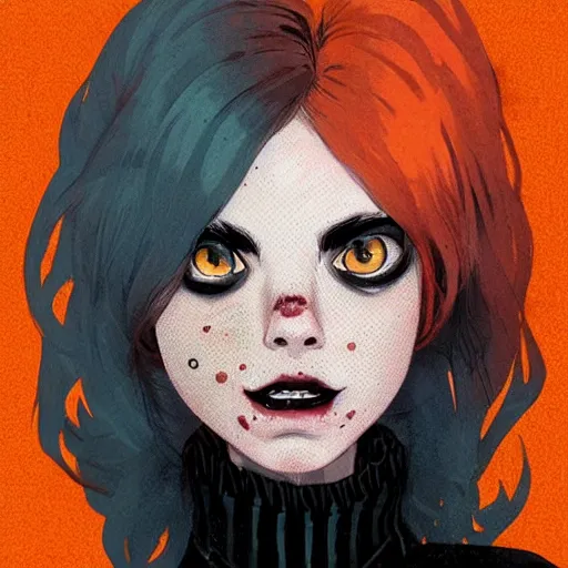 Image similar to Highly detailed portrait of pretty punk zombie young lady with, freckles and beautiful hair by Atey Ghailan, by Loish, by Bryan Lee O'Malley, by Cliff Chiang, inspired by image comics, inspired by graphic novel cover art, inspired by izombie, inspired by scott pilgrim !! Gradient orange, black and white color scheme ((grafitti tag brick wall background)), trending on artstation