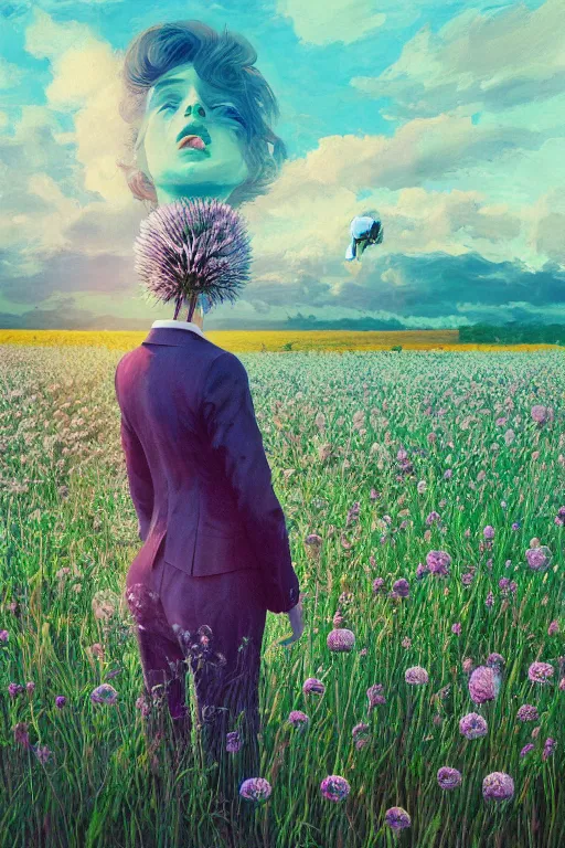 Image similar to portrait, huge thistle flower under head, girl in a suit in field of flowers, surreal photography, sunrise, blue sky, dramatic light, impressionist painting, digital painting, artstation, simon stalenhag