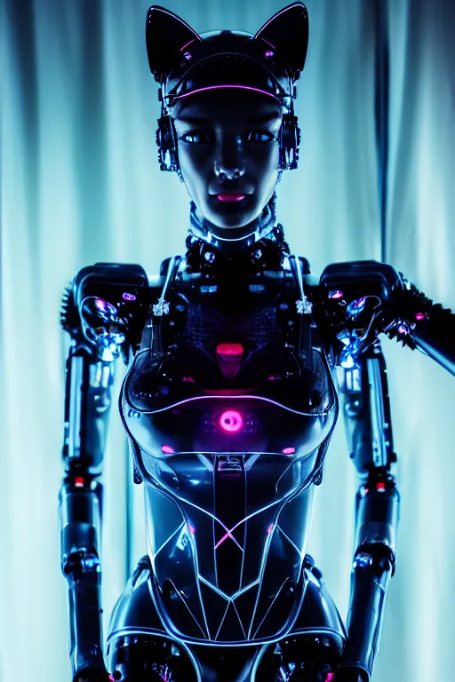 Image similar to cybernetic ultra high tech female robot with cat ears, sci - fi, cyberpunk, high tech, futurism, exoskeleton, symmetry, cinematic, elegant, luxury, perfect light, perfect composition, dlsr photography, sharp focus, 8 k, ultra hd, sense of awe, highly detailed, realistic, intricate, science journal cover