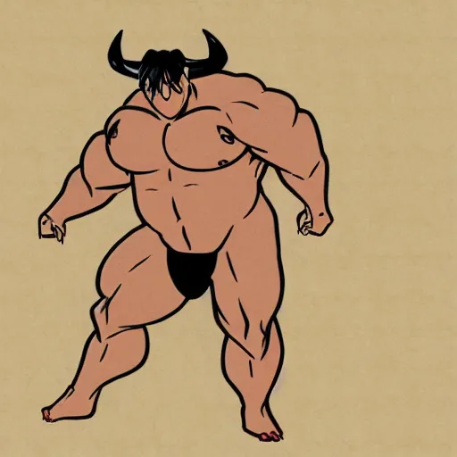 Prompt: a muscular bull with a pot belly, anime style