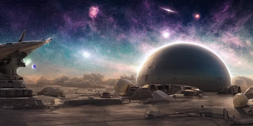 Prompt: astrological universe projected onto a cosmic radiation background, milky way galaxy in the distance, cosmic nebulous clouds, alien aircraft superstructure, highly detailed spaceport, octane render, photorealistic illustration, colored pencil art, doug tenpal style, 8 k resolution,