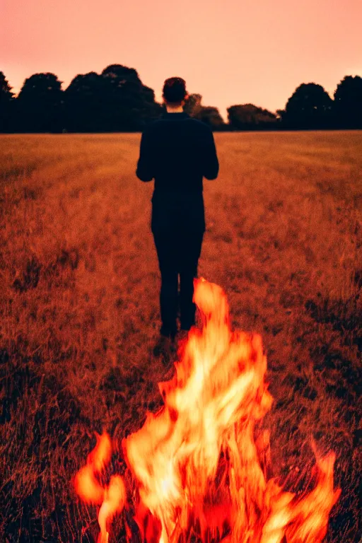 Image similar to agfa vista 4 0 0 photograph of a guy on fire standing in a field, back view, synth vibe, vaporwave colors, lens flare, moody lighting, moody vibe, telephoto, 9 0 s vibe, blurry background, grain, tranquil, calm, faded!,