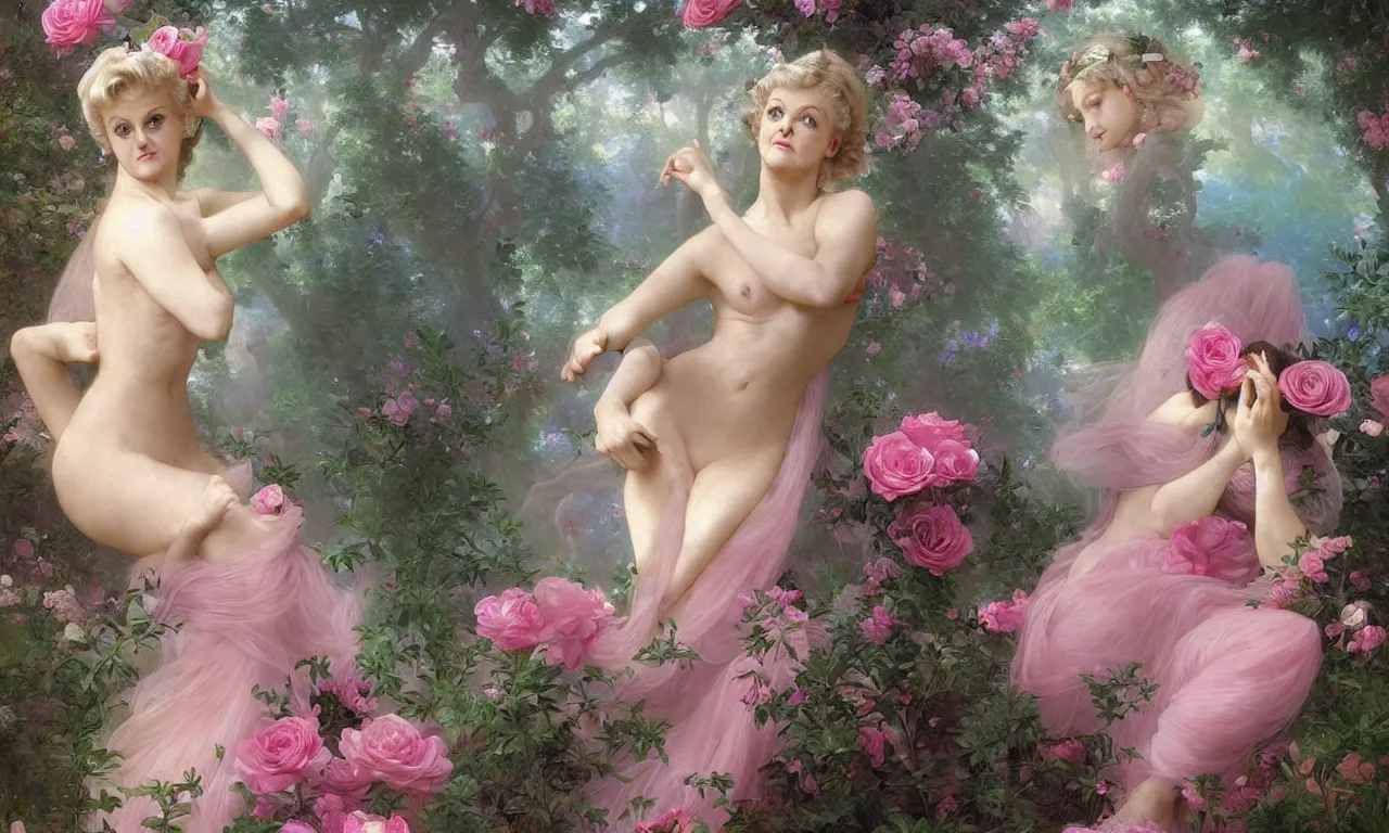 Image similar to a luminous springtime fairytale of beautiful realistic Angela Lansbury with a pretty face dancing with an iridescent dragon in a romantic rose garden. Neon light, masterpiece 4k digital illustration by Artgerm and William-Adolphe Bouguereau, award winning, Artstation, Gustave Dore\' background, intricate details, realistic, panoramic view, volumetric lighting, Hyperdetailed, 8k resolution, intricate art nouveau, golden hour, rendered in Unreal Engine 3