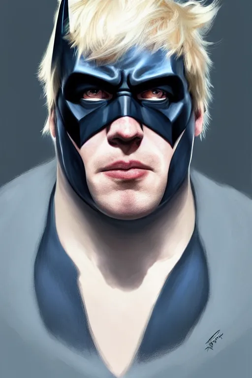 Image similar to Boris Johnson as Batman, Boris Johnson hairstyle, full body realistic portrait, highly detailed, digital painting, artstation, concept art, smooth, sharp focus, illustration, cinematic lighting, art by artgerm and greg rutkowski and alphonse mucha