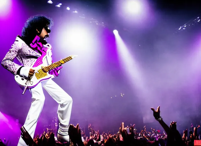 Image similar to photo still of prince from purple rain on stage at vans warped tour!!!!!!!! at age 3 3 years old 3 3 years of age!!!!!!!! throwing pancakes to the crowd, 8 k, 8 5 mm f 1. 8, studio lighting, rim light, right side key light