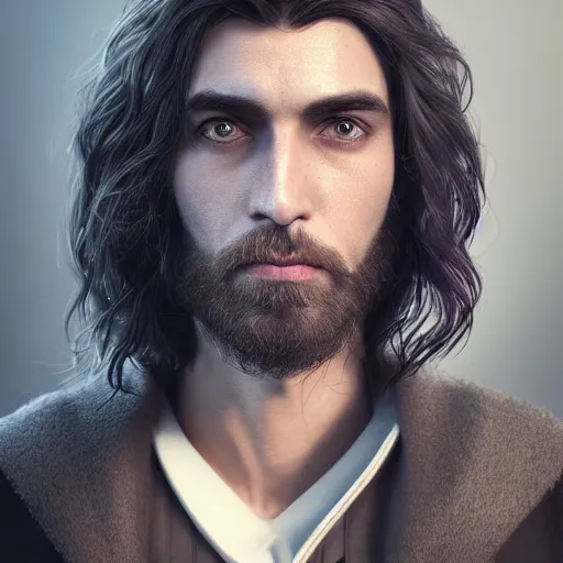 Image similar to a highly detailed portrait of a man with purple eyes, light gray long hair, beardless, without a beard, wearing a black cloak, artstation, DeviantArt, professional, octane render