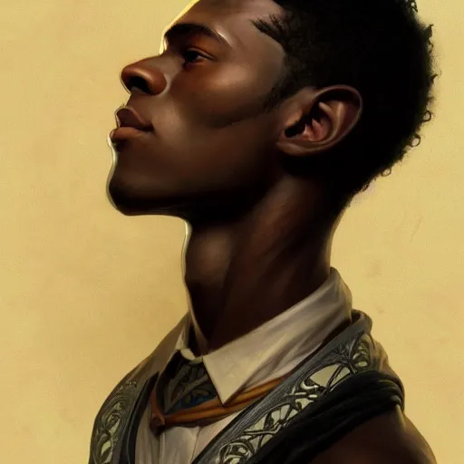 Image similar to illustration of a jamaican boy, d & d, fantasy, intricate, elegant, highly detailed, digital painting, artstation, concept art, smooth, sharp focus, illustration, art by artgerm and greg rutkowski and alphonse mucha